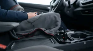 Close-up of a 12V heated car blanket plug connecting into a standard vehicle auxiliary power socket