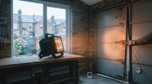 A durable infrared garage heater mounted securely near the ceiling of an older British brick garage with a draughty up-and-over door.