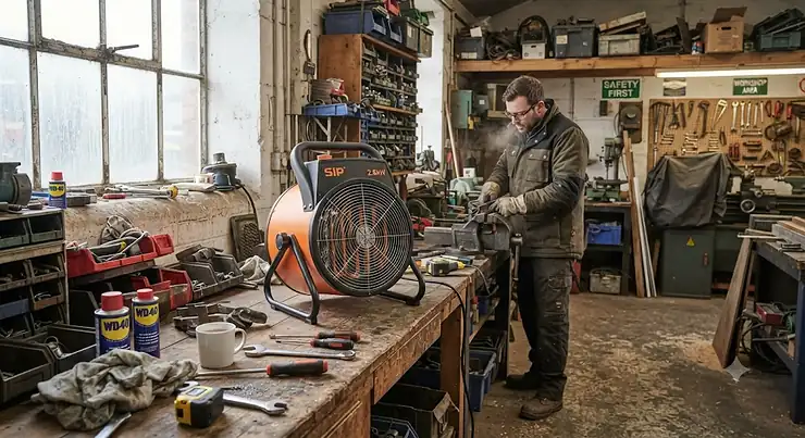 A powerful best workshop heater keeping a UK garage warm during winter. best workshop heater