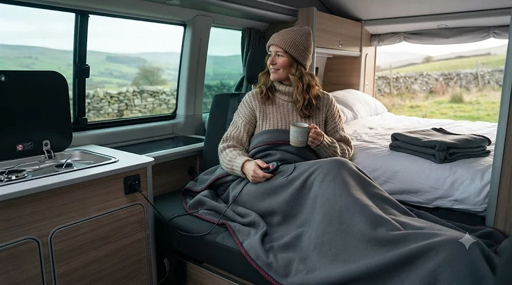 Using a 12V heated car blanket inside a campervan during a cold camping trip in the British countryside 12V heated car blanket