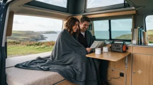 Cosy campervan interior setup featuring a rolled-out 12V heated travel blanket for cold camping nights.
