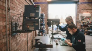 Tradespeople working comfortably in a heated British garage thanks to an industrial workshop heater.