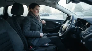 A motorist settling into a warm, comfortable car seat during a frosty morning commute on a British motorway.