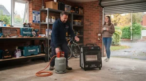 Compact portable gas garage heater being moved easily across a concrete floor.