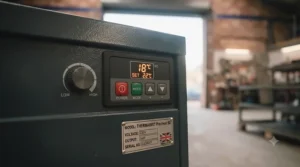 Digital thermostat control panel on an efficient industrial workshop heater.