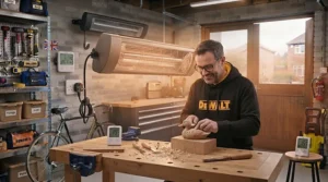 A person working comfortably on a DIY project in a chilly British outbuilding heated by an infrared garage heater for a small workshop.
