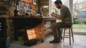 Energy-efficient infrared garage heater operating in a domestic garage, helping to reduce energy bills in uninsulated spaces.