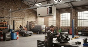 An energy-efficient gas heating unit operating in a busy automotive repair garage during colder months.