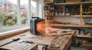 Powerful airflow coming from a rapid-heating quiet workshop heater.