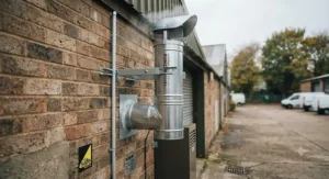 Exterior flue pipe and proper ventilation setup for a flued gas heater installed in a workshop.