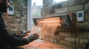 Portable freestanding infrared heater positioned next to a workbench in a draughty double garage during a cold British winter.