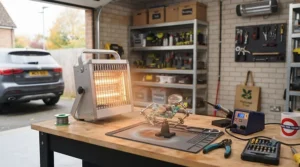 Compact freestanding infrared garage heater positioned on a workbench for targeted DIY project heating.