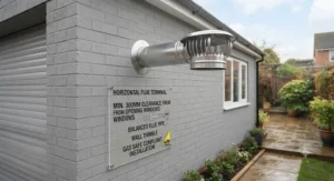 Exterior view of a garage showing the correct horizontal flue terminal placement for a balanced flue gas heater.