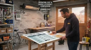 Room sizing and wattage reference chart to help select the right infrared garage heater for a small workshop.