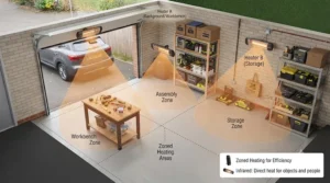 Floor plan layout demonstrating optimal positioning for directional infrared garage heaters in a standard single garage.