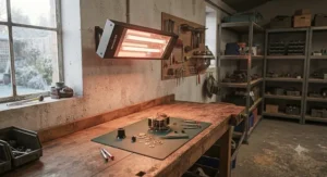 A portable gas cabinet heater providing instant heat in a DIY home workshop.