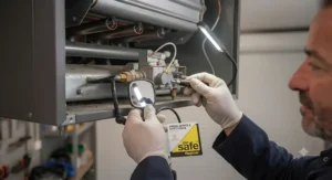 Hands-on view of an annual maintenance check being performed on the burner components of a gas garage heater.
