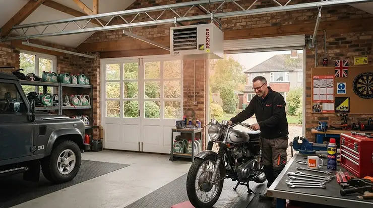 A powerful gas garage heater installed in a large British workshop, keeping the workspace warm during winter. gas garage heater for large workshop