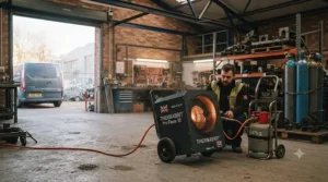 Gas-powered industrial workshop heater operating safely in a commercial warehouse.