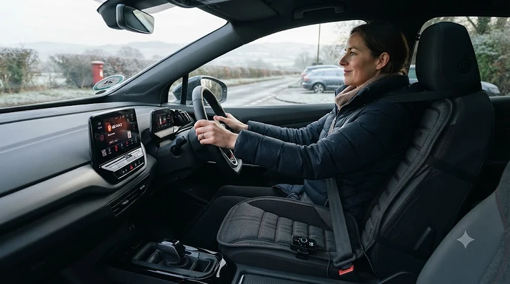 Premium heated seat covers for cars fitted to a vehicle interior, ideal for keeping warm during British winter commutes. heated seat covers for cars