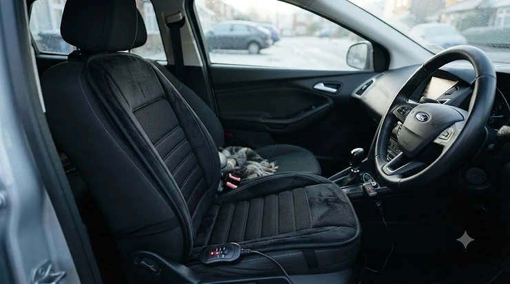 Plush black heated seat cover installed on a car driver's seat in a modern vehicle, demonstrating winter car accessories for UK drivers. heated seat covers