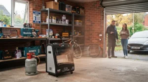High-output portable gas garage heater warming a spacious workshop.