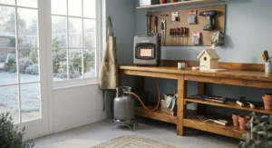 A heavy-duty diesel space heater warming a large commercial vehicle repair garage.