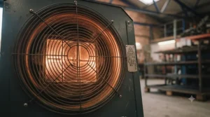 Close-up of the safety grille on a modern industrial workshop heater.