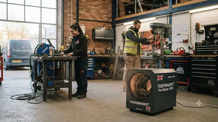 Heavy-duty industrial workshop heater keeping a British garage workspace warm during winter. industrial workshop heater