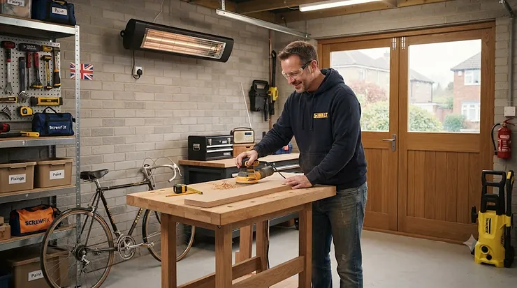 A sleek wall-mounted infrared garage heater for a small workshop, installed in a tidy UK home garage during winter. infrared garage heater for small workshop