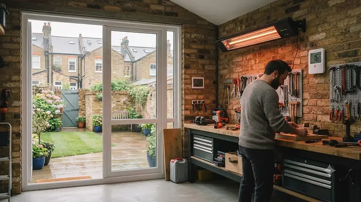 Close-up of a wall-mounted infrared garage heater installed in a UK home workshop to combat winter chills. infrared garage heater for draughty spaces