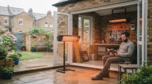 Versatile infrared heater being used effectively in a semi-open garage and workspace environment to keep the chill at bay.