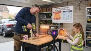 Infographic comparing heat distribution and energy efficiency between an infrared garage heater and a traditional fan heater.