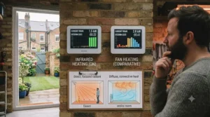 Comparison visual highlighting why infrared garage heaters outperform traditional fan heaters in draughty, uninsulated spaces.