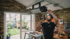 Electrician safely mounting an infrared garage heater to the ceiling joists of a domestic garage following UK electrical standards.