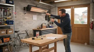 Proper positioning of an infrared garage heater for a small workshop, mounted securely above a DIY wooden workbench.