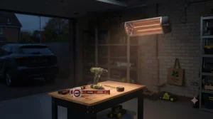 Low-glare carbon element infrared garage heater casting a warm amber glow inside a dimly lit domestic garage.