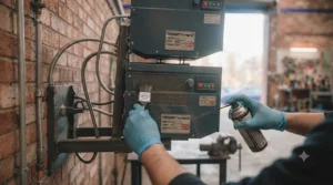 Routine filter maintenance being performed on an industrial workshop heater.