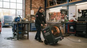 Portable electric industrial workshop heater being positioned on a concrete floor.