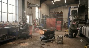 A compact portable electric workshop heater sitting on a workbench in a garden shed.