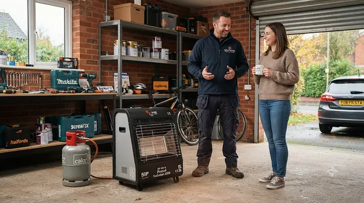 Portable gas garage heater keeping a British workshop warm during winter. portable gas garage heater