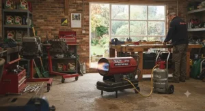A portable propane-powered space heater providing rapid background warmth in a large garden workshop or outbuilding.