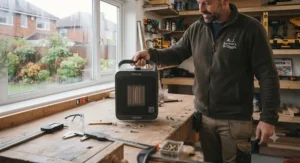 A tradesperson carrying a portable quiet workshop heater by its integrated handle.