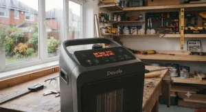Digital control panel and adjustable thermostat on a modern quiet workshop heater.