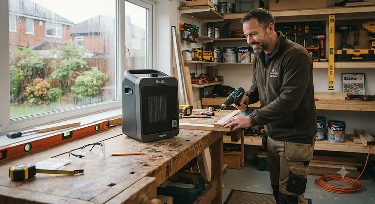 A quiet workshop heater keeping a home garage warm during a cold British winter. quiet workshop heater