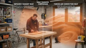 Infographic demonstrating how an infrared garage heater for a small workshop uses radiant waves to warm people rather than the air.