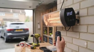 User operating a sleek quartz infrared garage heater using a digital remote control and built-in thermostat.