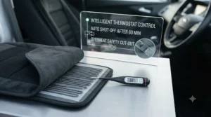 Iconographic and product display highlighting built-in thermostat controls and automatic overheat protection for safe daily commuting.