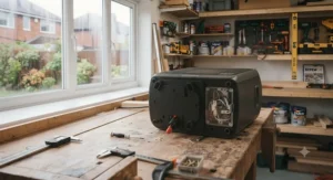 Close-up of safety cut-off switches on a reliable quiet workshop heater for shed use.