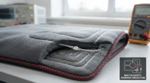 Infographic highlighting built-in safety features and auto shut-off protection on a 12V heated car blanket